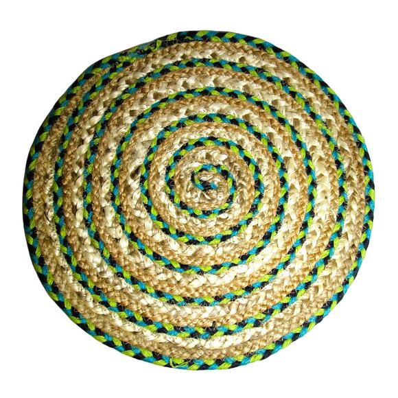 Set of Four Placemats Round Woven Jute Blue Yellow Beige 16 Inches Circumference - Picture 2 of 4